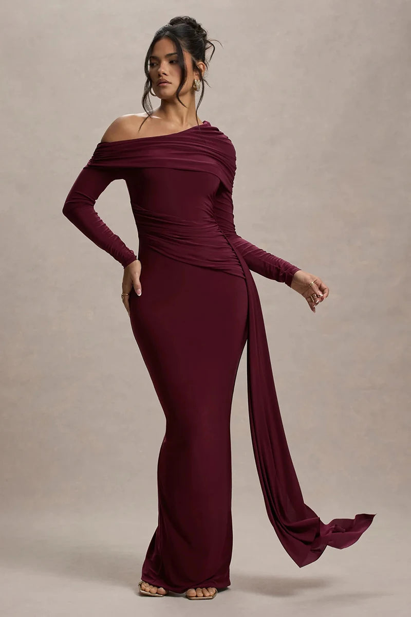 Skew Collar Long Sleeve Maxi Dress Gown Backless Draped Ruched Bodycon Long Dress