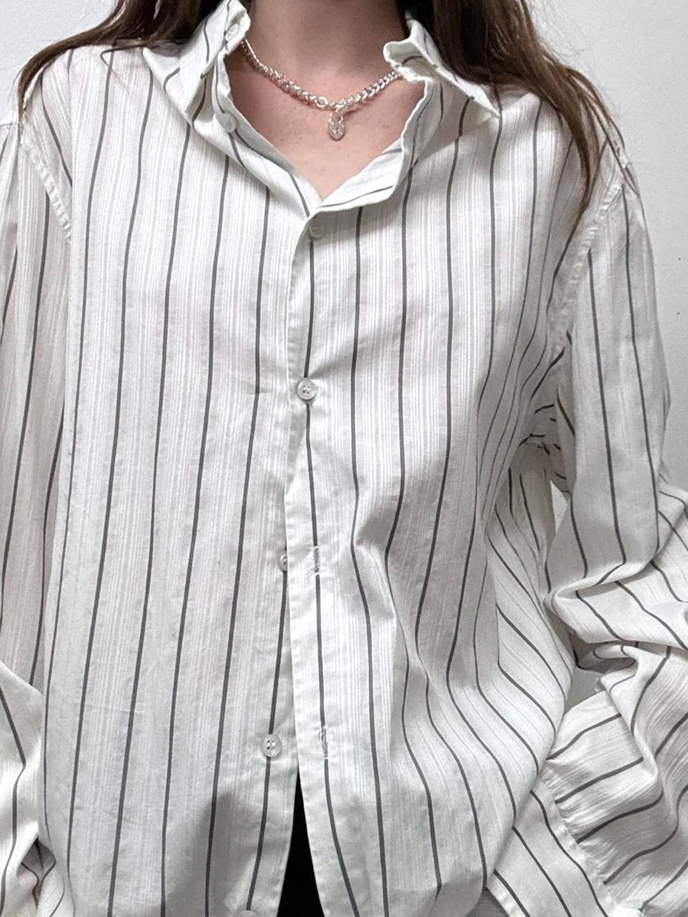 Striped Print Loose Shirt Single-breasted Oversized Blouses Turn-down Neck Top