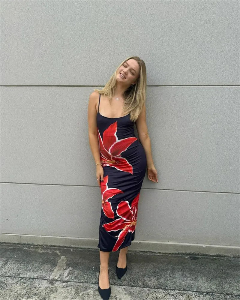 Floreal Long Dress Gown Spaghetti Strap Sleeveless Backless Bodycon Midi Dress