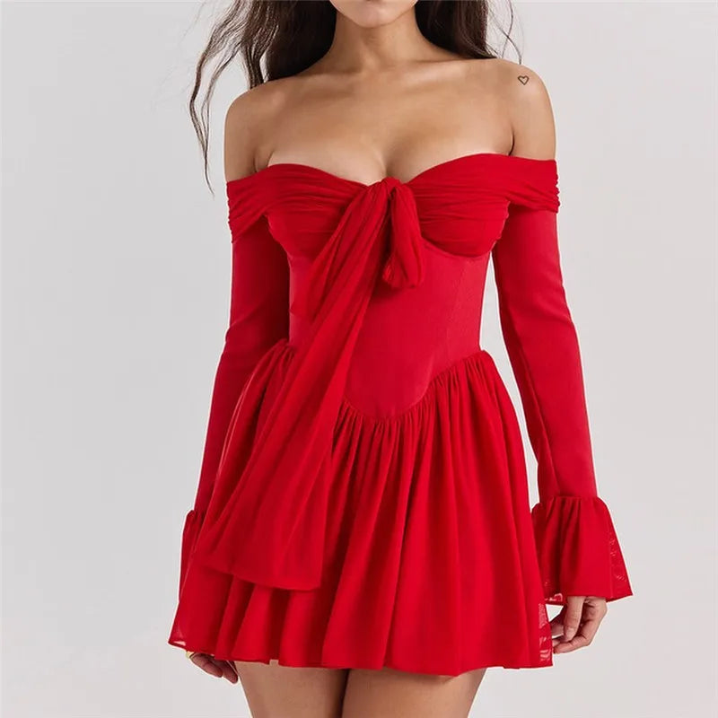Strapless Backless Mini Dress For Red Off-shoulder Long Flare Sleeve Pleated Dress