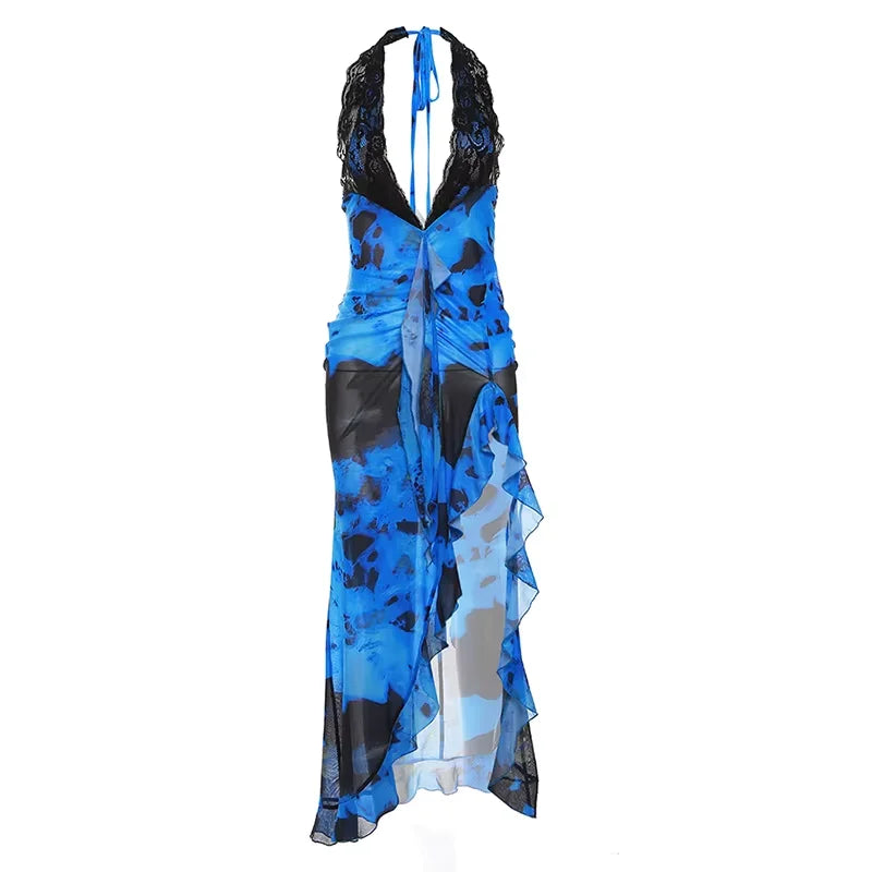 Ruffles Print Mesh Midi Dress Sleeveless Backless Bandage Asymmetrical Low Chest Robe Lady
