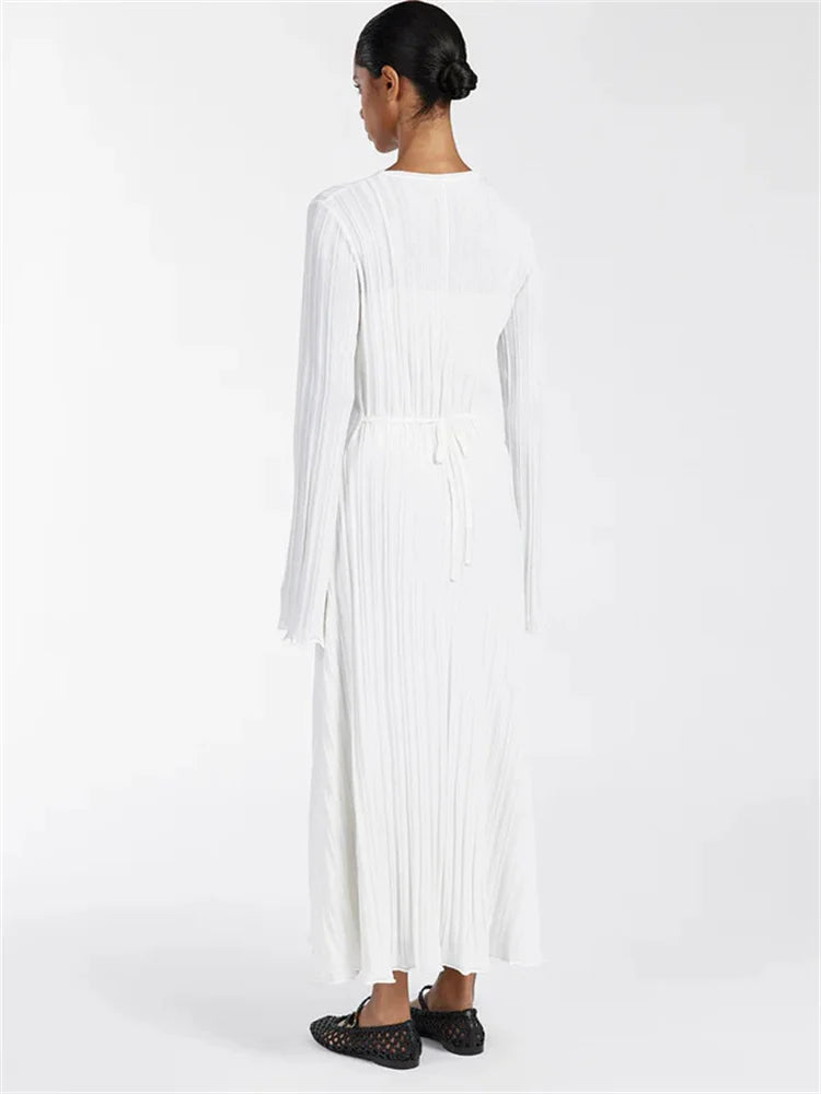 Knit Loose Maxi Dress Lace-Up High Waist Ribbed Long Sleeve Dress Knit Long Dress