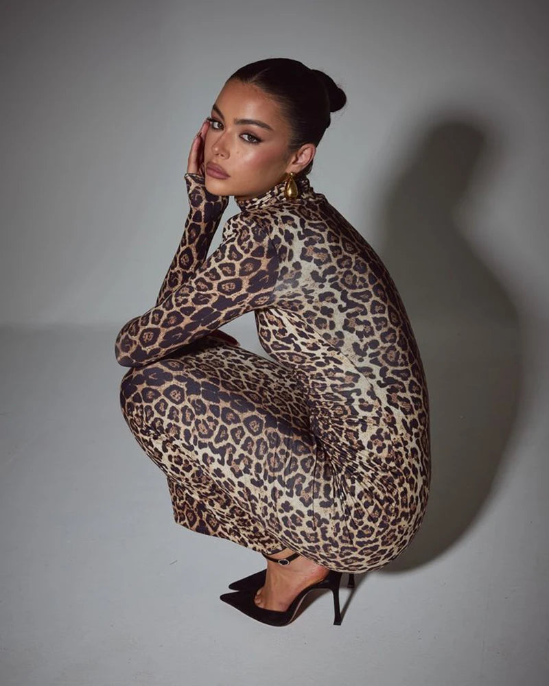 Leopard Long Sleeve Maxi Dress Turtleneck ed Bodycon Long Dress