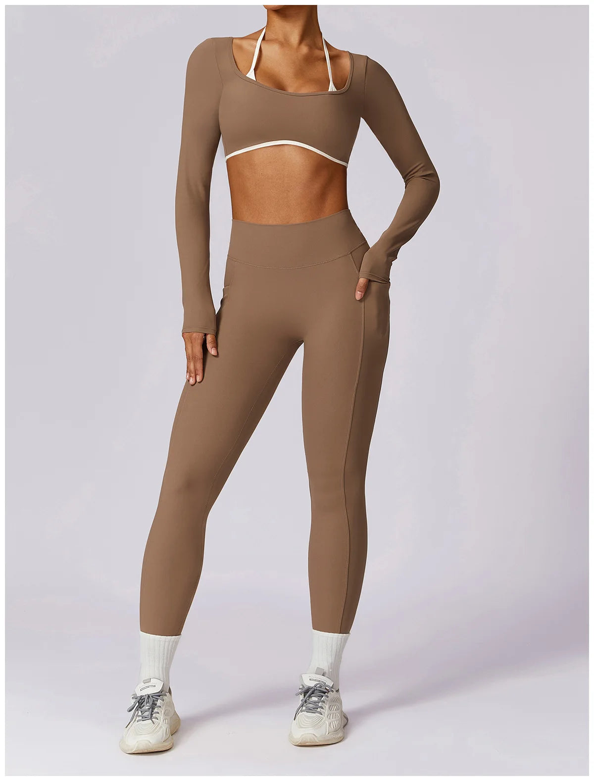 2 Pieces Tracksuit Yoga Set Workout Sports Gym Fitness Long Sleeve Crop Top High Waist Leggings Sports Suits