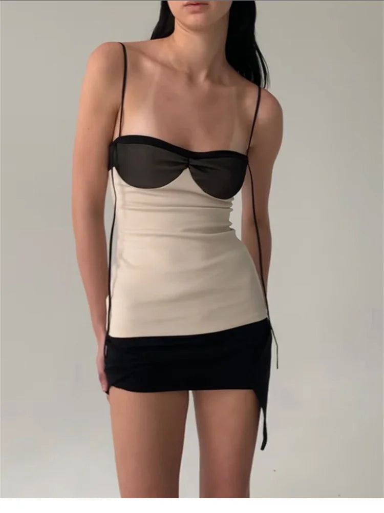 Patchwork Panelled Mini Dress Concise Tassel Wrapped Chest Irregular Backless Super-Short