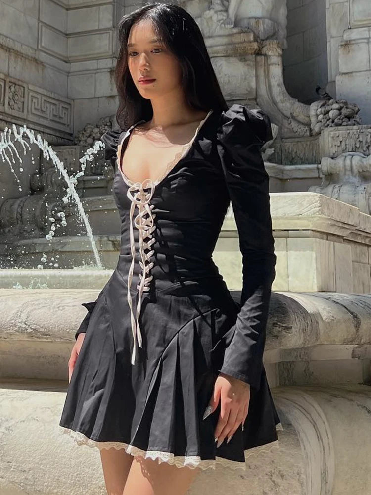 Straps Lace-Up Princess Puff Sleeves Pleated O-Neck Mini Dress 2023 Evening Wholesale