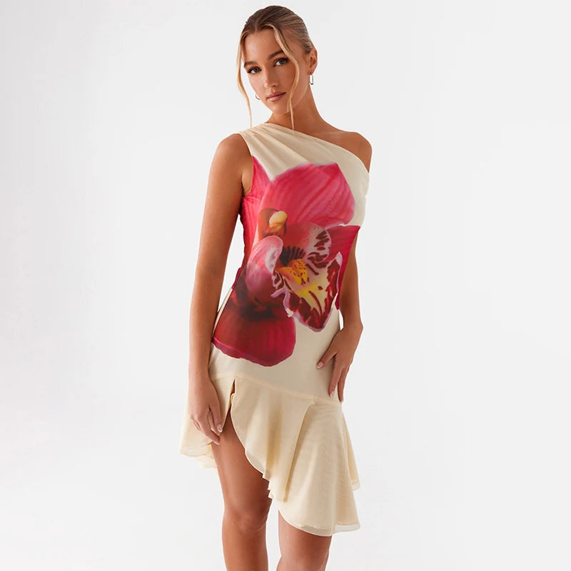 'S Spring Slant Collar One Shoulder Floral Print Patchwork Oblique Slit Hem Dress able
