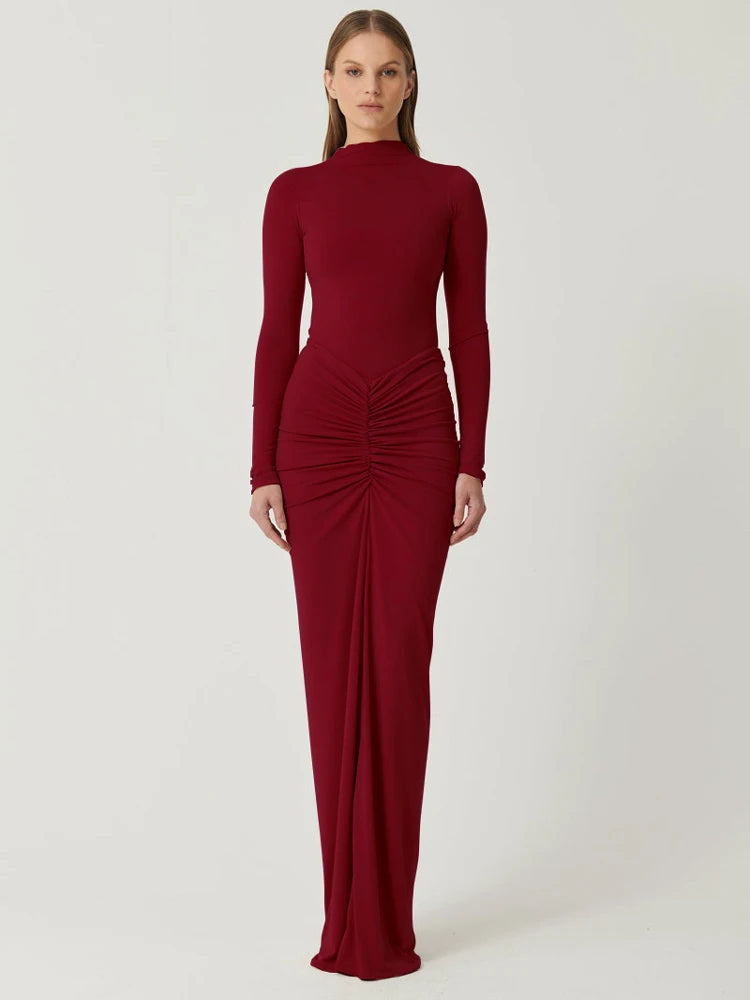 Pleated Patchwork Long Dress High Waist Long Sleeve Solid Slim Dress Maxi Dress