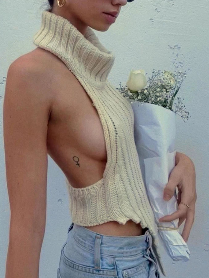 Knitted Turtleneck Sleeveless Backless Tank Top