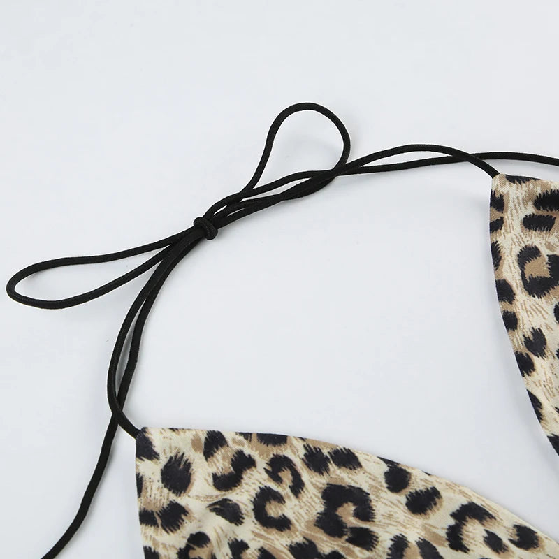 Backless Leopard Camisoles Lace-up Halter Neck