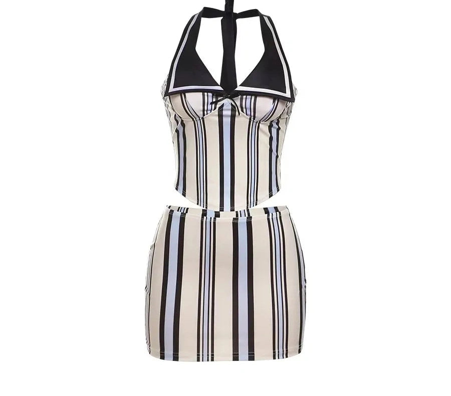 White Striped Backless Two Piece Set