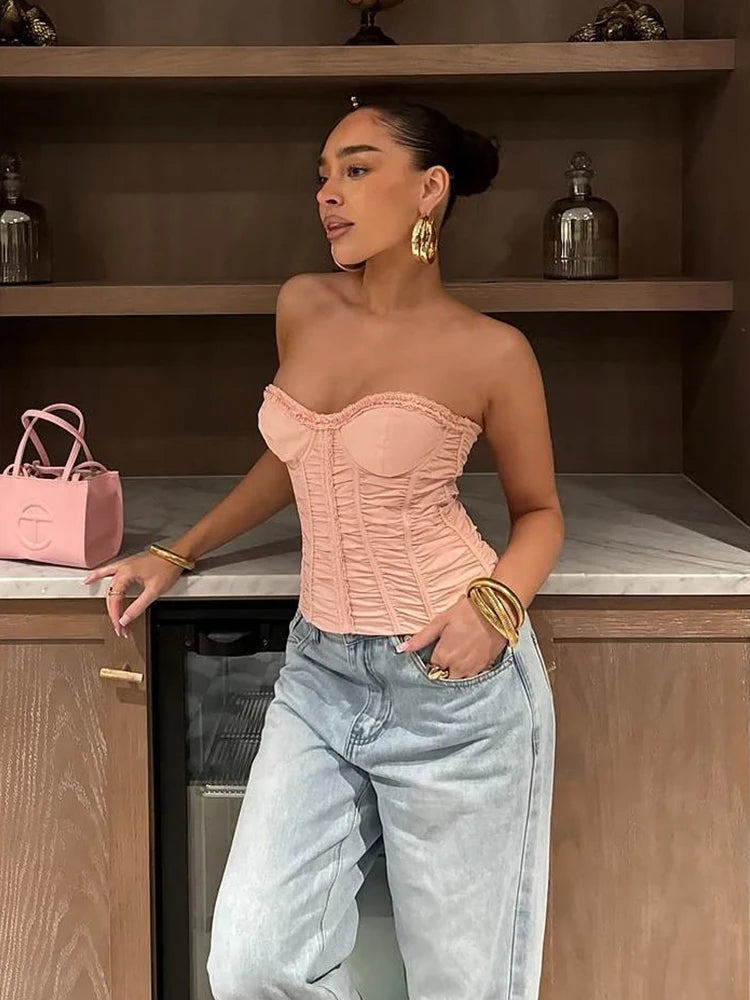 Ruffles Corset Top Fake Fishbones Wrap Daily stretch Tube Top