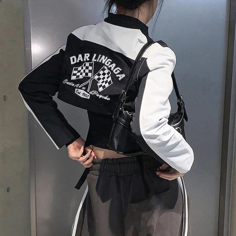 Moto Biker Crop Jackets Zip Up Patchwork Coats