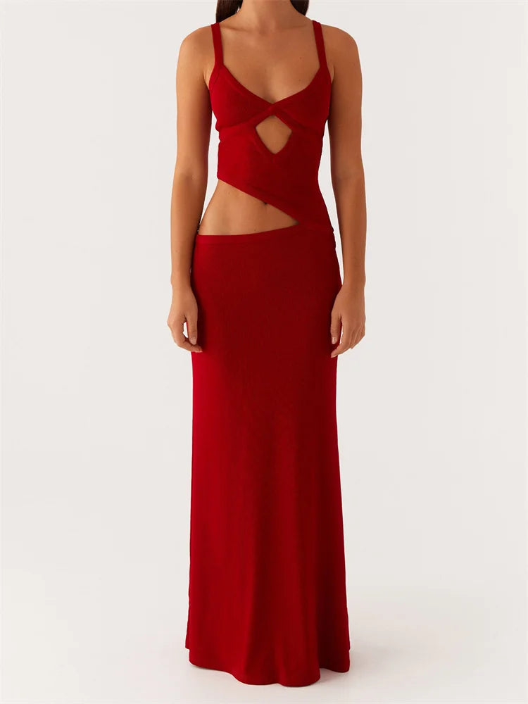 Dress Sleeveless Strap V-neck Backless Waist Front Hollow Out Dress Cocktail