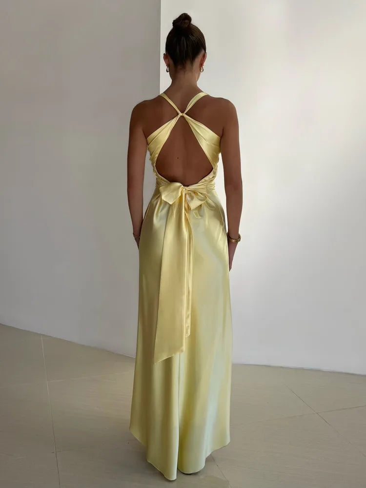 Satin Backless Ruched Maxi Dress