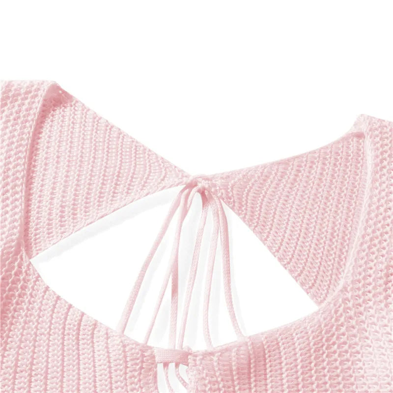 Crochet Knit 2 Piece Skirt Set Hollow Out Crop Top Long Sleeve Backless Tie Up Bodycon Dress