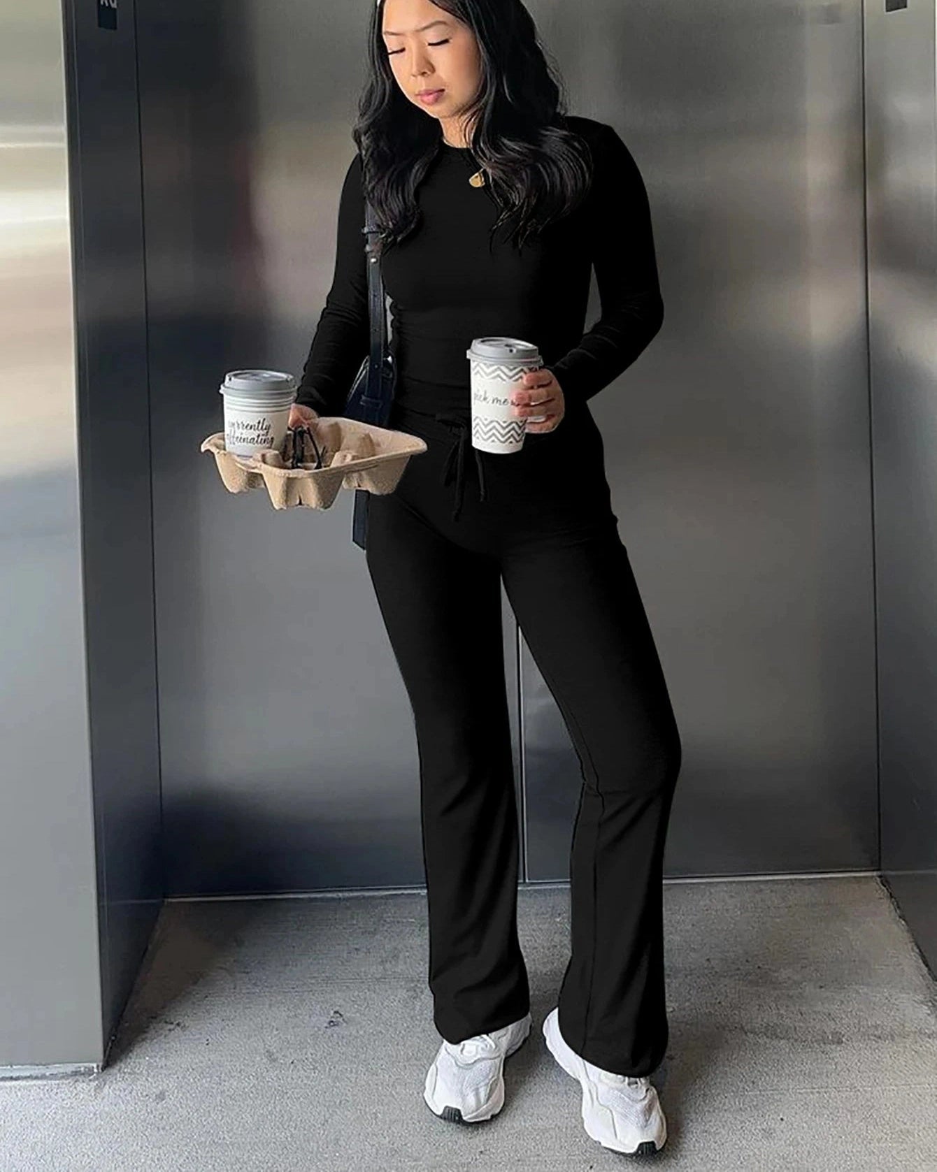 Long Sleeves Bodycon Crop Top And Drawstring Flare Pants Matching Set
