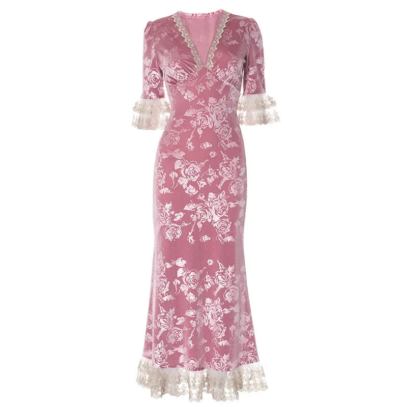 Patchwork Deep V-neck Lace Maxi Dress Short Sleeve ed Floral Dress French