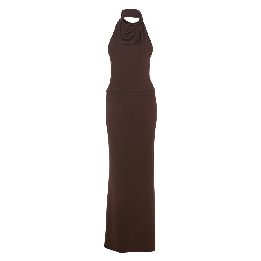 Hollow Two Piece Set Halter Swing Collar Backless Crop Top Long Skirt Matching
