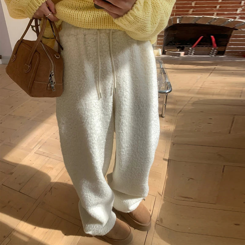 Loose Lamb Wool Trousers Drawstring Wide Leg Pants Pockets Bottoms