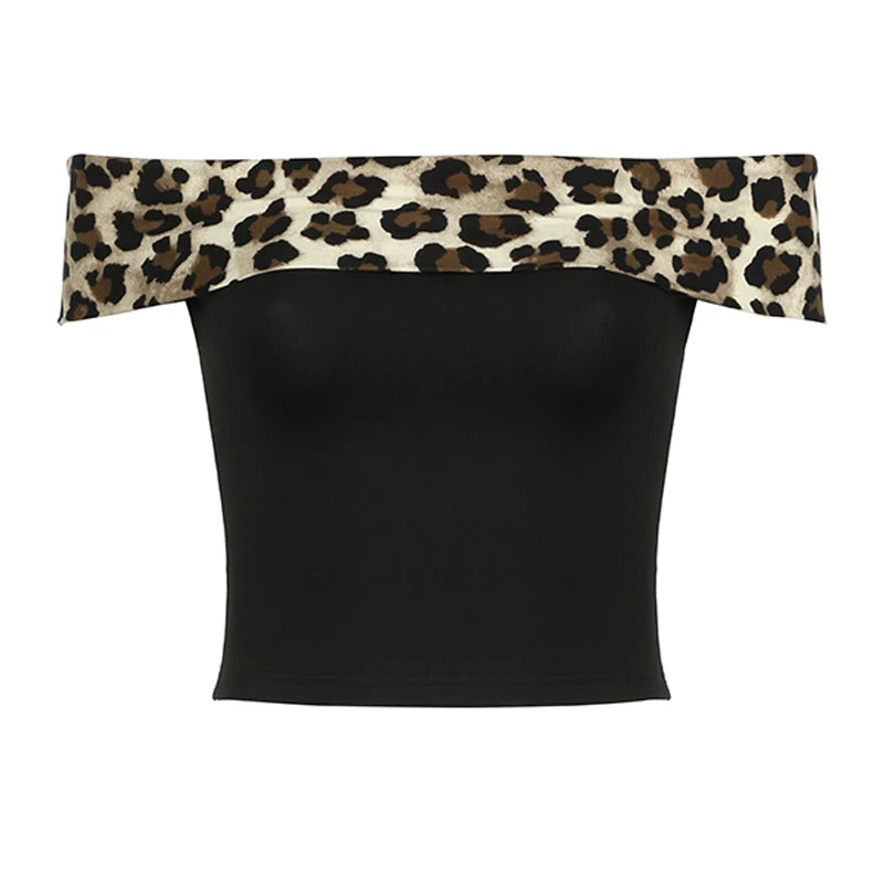 Slash Neck Slim Crop Shirts Leopard Print 's Top Fairycore Grunge