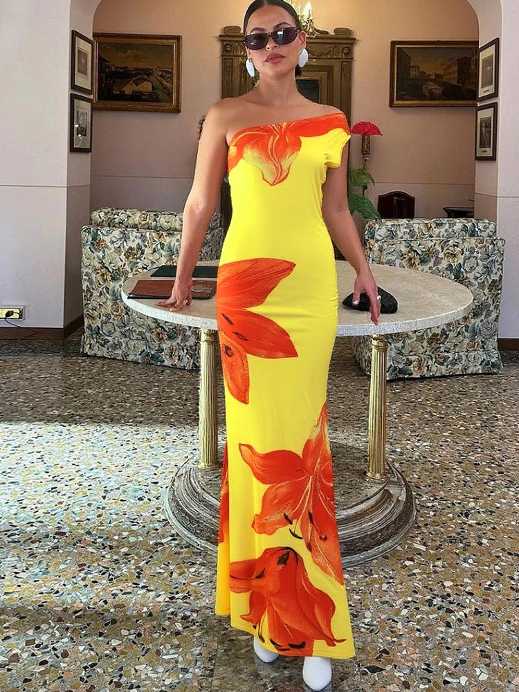 Incline Shoulder Dress Panell Sleevele Maxi Bodycon