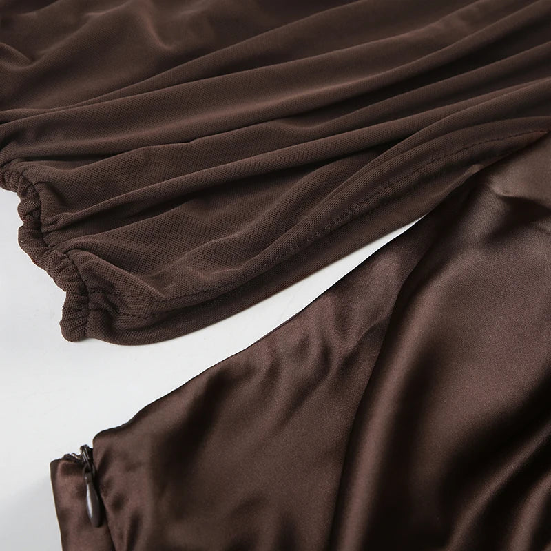 Patchwork Mesh Satin Dress See Through Slim Slash Neck Sleeveless Maxi