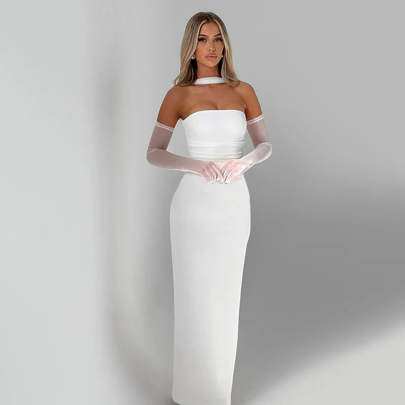 Straple Wait Slim Package Hip Long Dress Meh Glove Hanging Neck Fluttering Belt Set