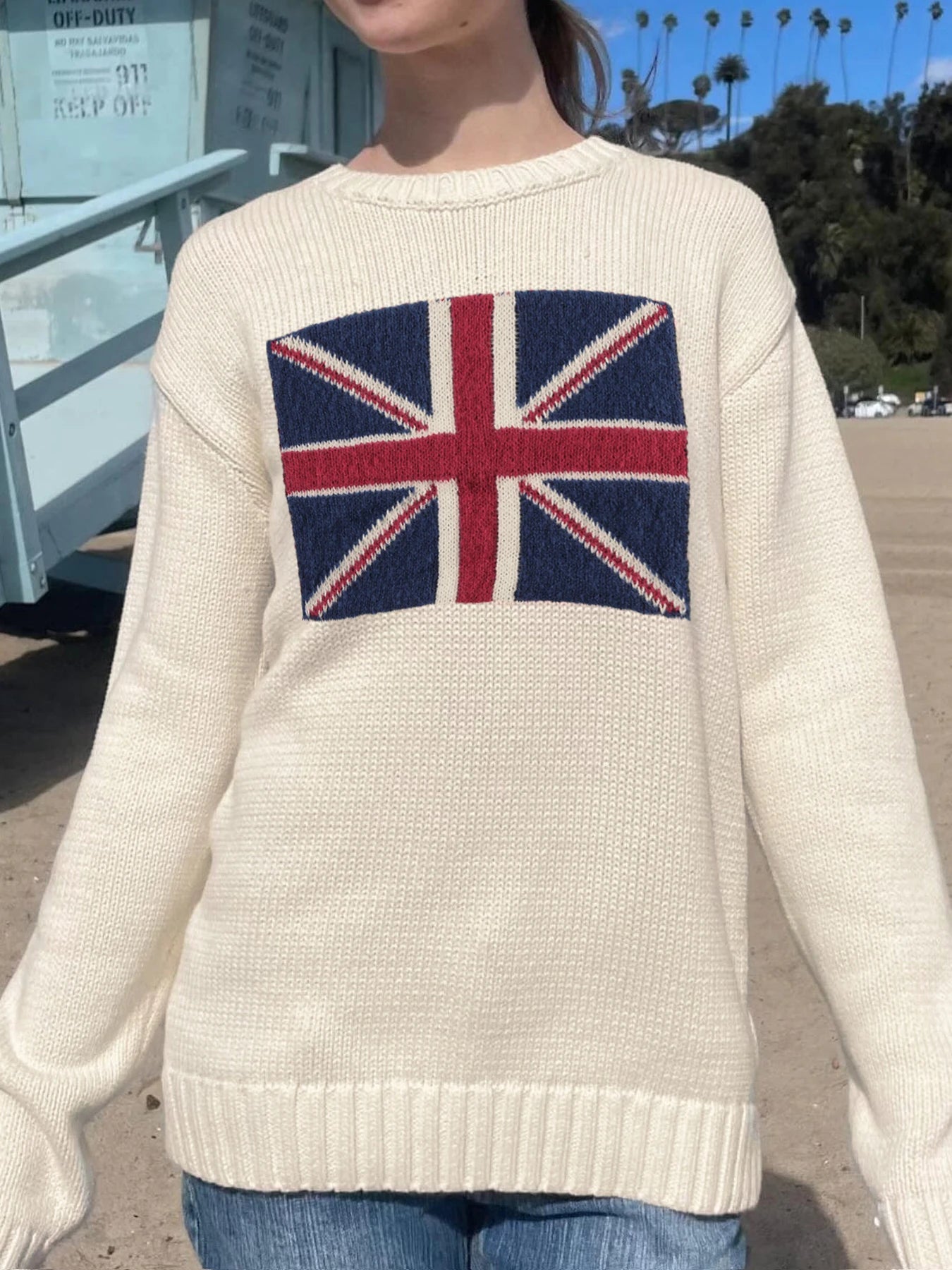 Graphic Patchwork Knitted Sweaters Crewneck Loose Crochet Top Pullovers