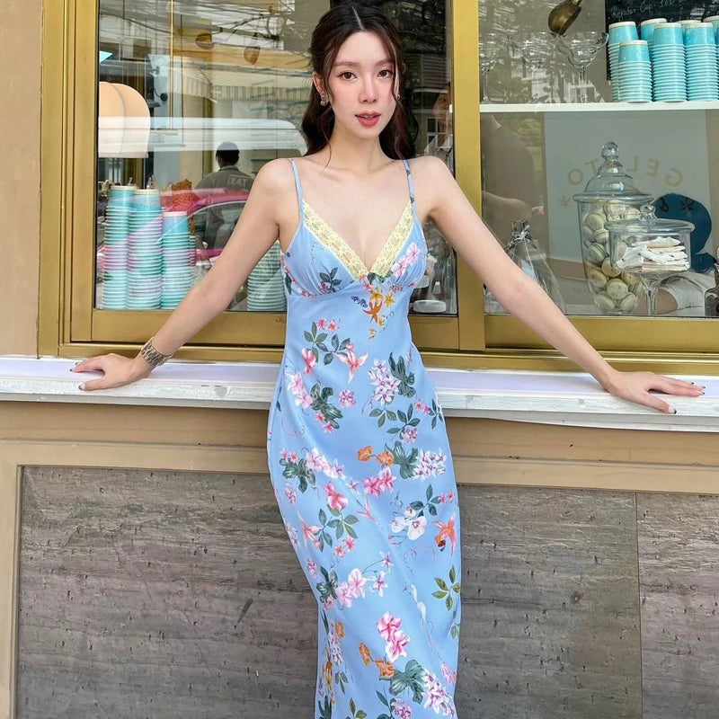 Floral Slips Backless Patchwork Lace Maxi Dress