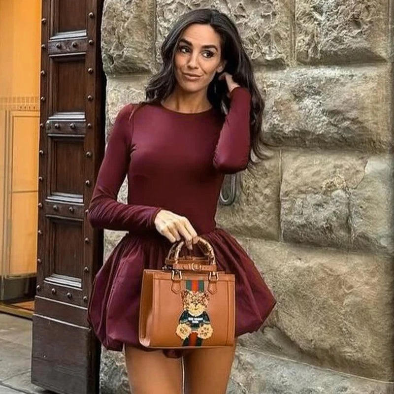 Slim Round Neck Backless Twit Long Sleeve Top Floral Bud Mini Skirt Set