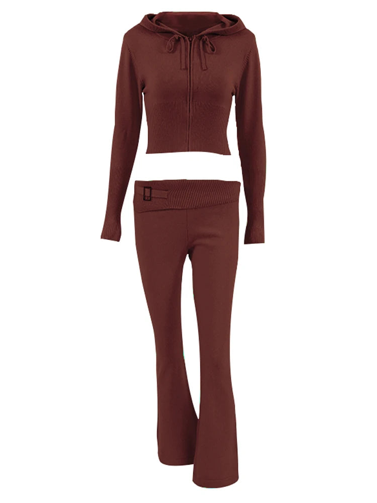 Knit 2 Piece-Set Trousers Hoodie Tracksuit Crop top Knit And Pants Sets Trousers