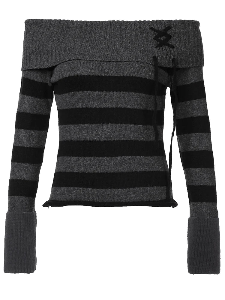 Slash Neck Striped Knitted Sweaters Patchwork Pullovers HArajuku Grunge 's Top