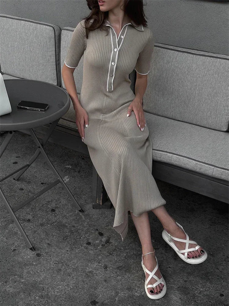 White Knit Maxi Dress Short Sleeve Patchwork Dress Lapel High Waist Knit Dress