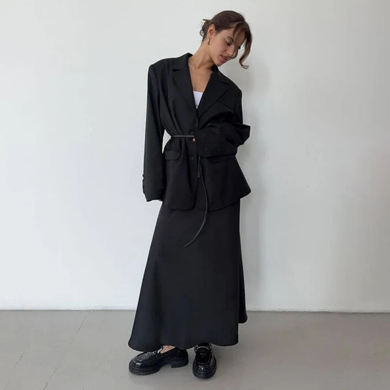 Solid Color Long Skirt Satin Bodycon Skirt High Waist Office Skirts