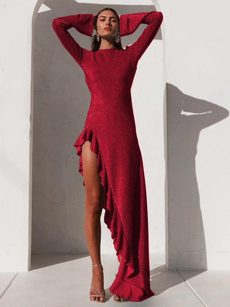 Backless Bright Silk Shiny Maxi Dress Green Long Sleeve Dress