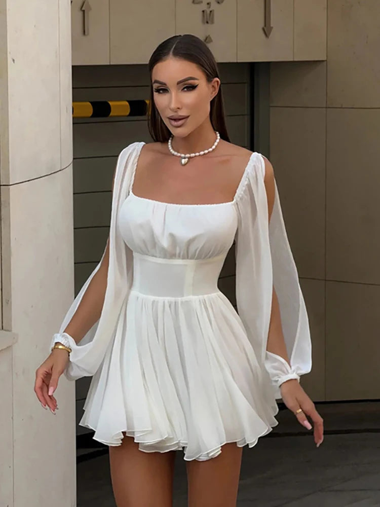 Square Collar Hollow Out Dress White Long Sleeve Mini Dress Slim Dress