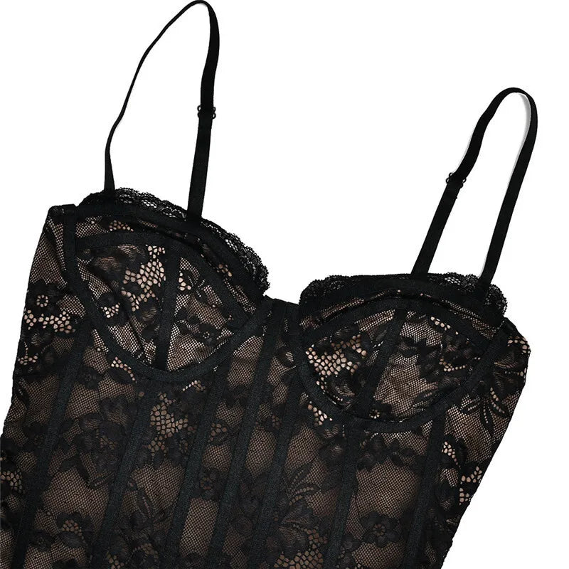 Black Lace Puffball Mini Dress Lace-up Sheer Long Flare Sleeve High Waist Dress