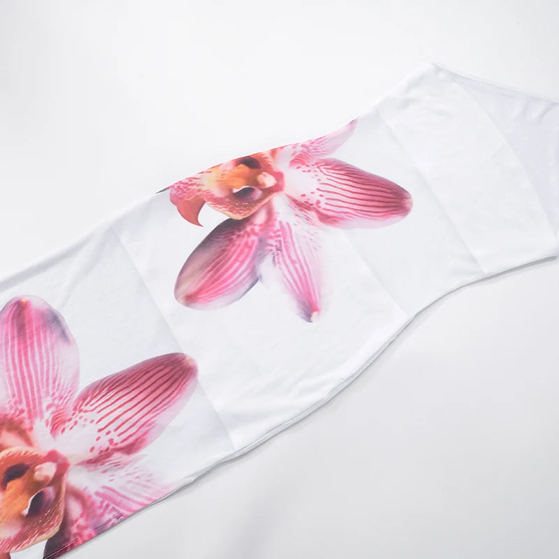 Spring 'S Slant Shoulder Orchid Print Mesh See-Through Patchwork Strapless Short Dress Lined Dress