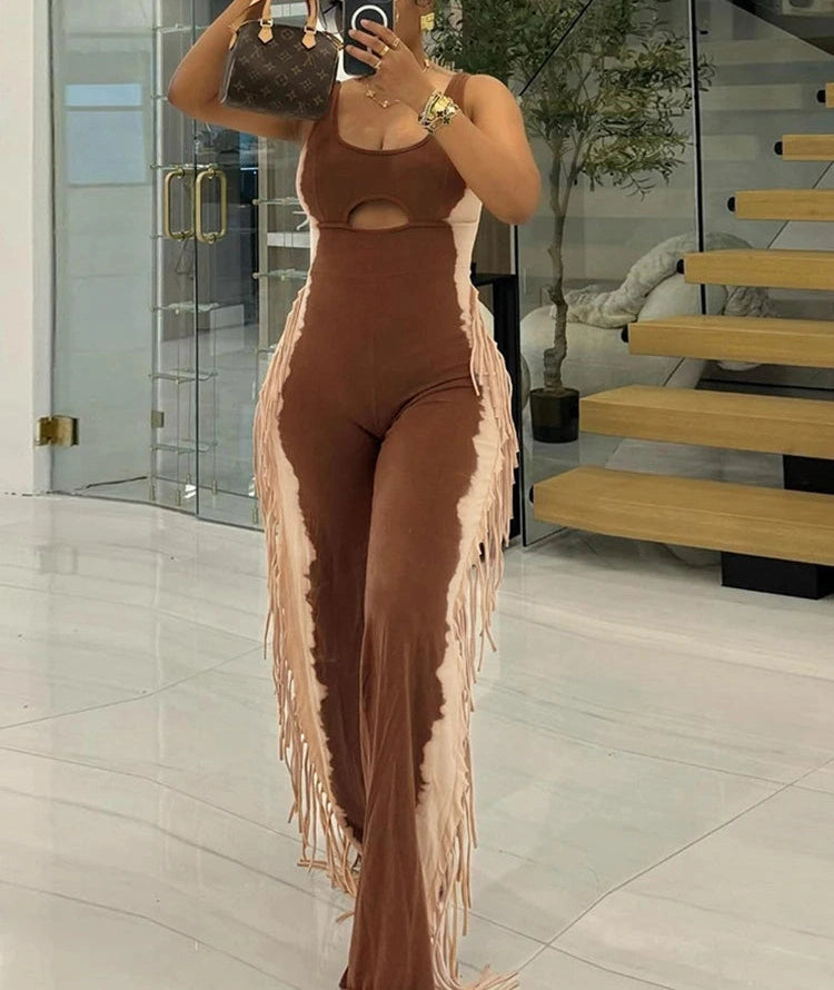 Side Tassel Jumpsuit Hollow Contrast Stretch Fit Sleeveless Elastic Workout Long Overalls