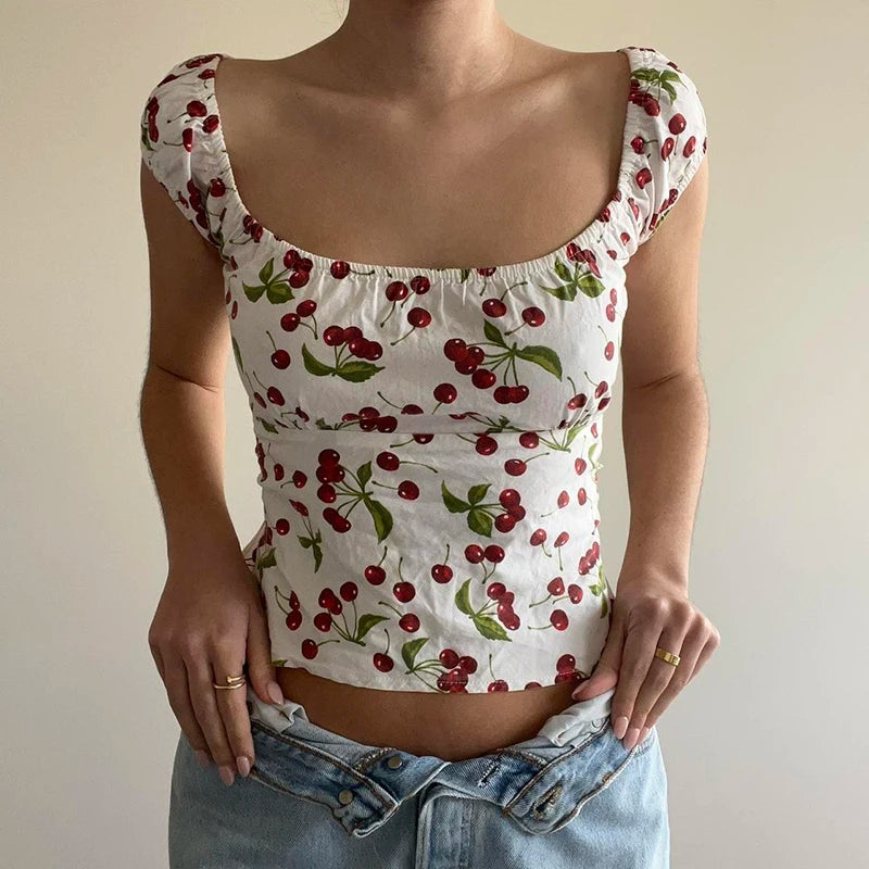 Print Backless Crop Shirts Short Sleeves Crewneck Tee Top