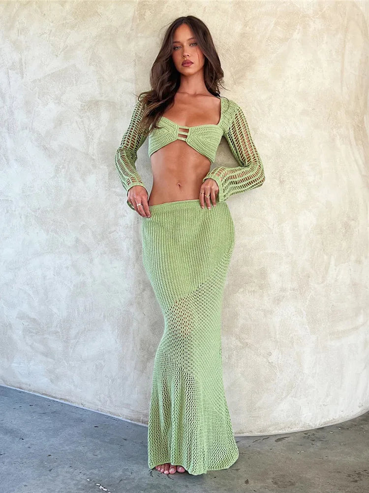 Crochet Knit 2 Piece Skirt Set Hollow Out Crop Top Long Sleeve Backless Tie Up Bodycon Dress