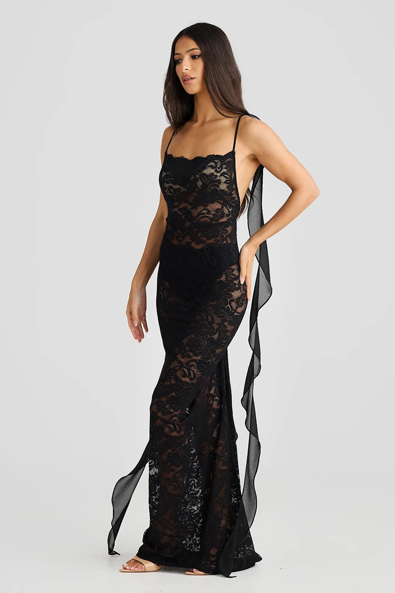 Lace See Through Camisole Maxi Dress For Ribbons Sleeveless Backless Slim Bodycon Long Dress Ladies Robes