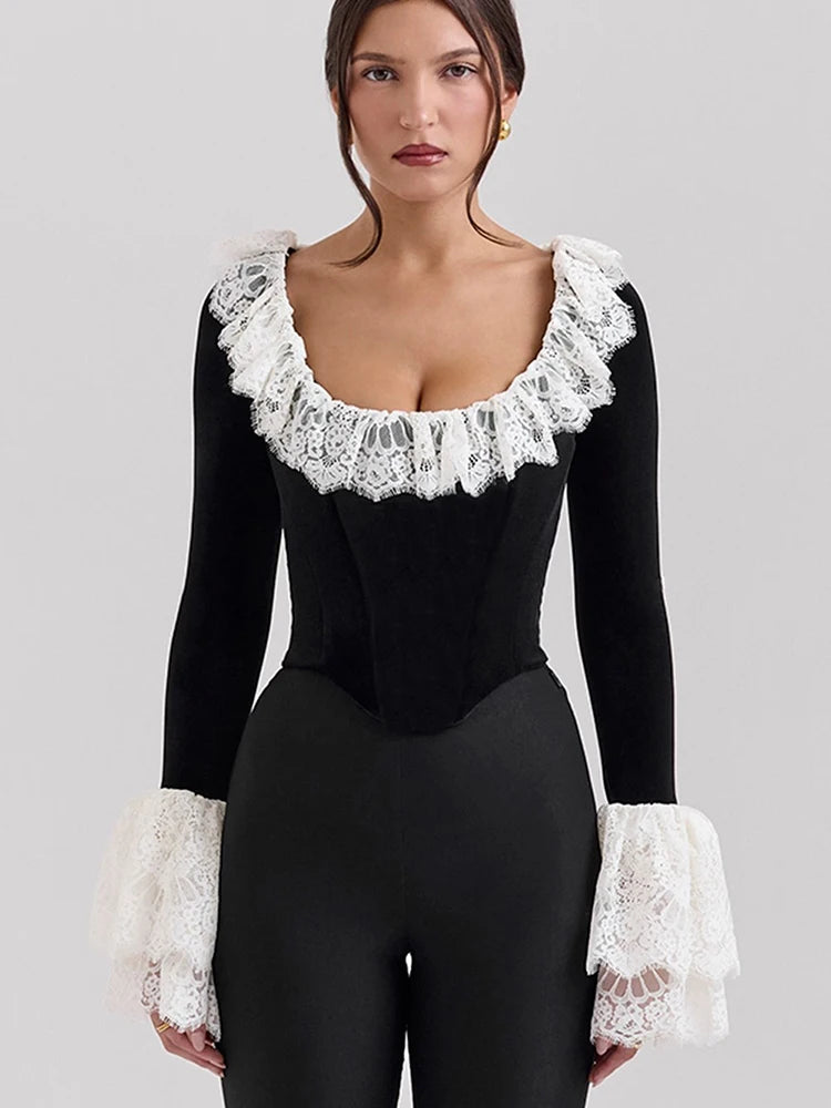 Square Collar Lace T-shirt Patchwork Flare Sleeve Short Tops Femme Slim French Street