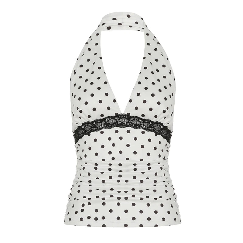 Lace Patchwork Slim Camisole Dot Print Backless Halter Bustiers wrat 's