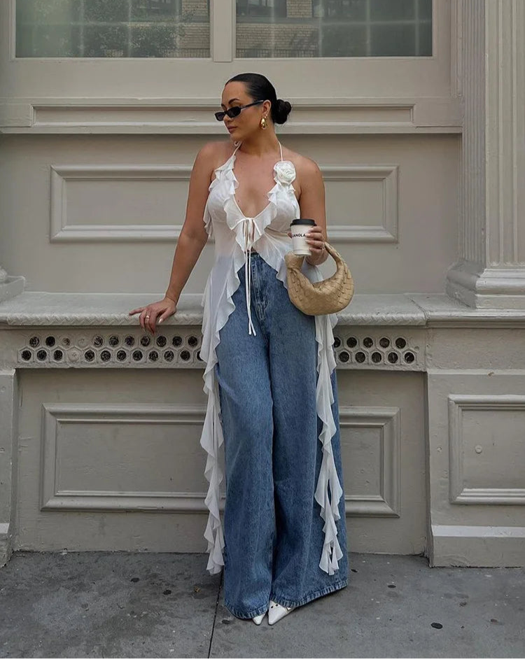 Ruffles Flowers Tank Top Mesh Deep V-Neck Irregular Tassel Halter Backless Camisole Wild