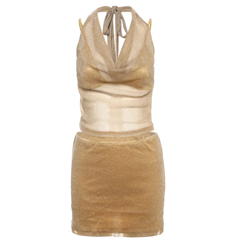 Bright Silk 2 Piece Set Lace-Up Halter Low-Neck Mesh Patchwork Crop Top Ruched Skirts Midnight
