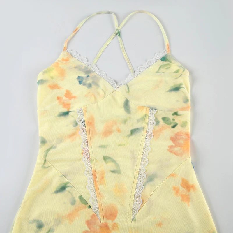 Floral Trumpet Dress Slim Lace V-Neck Sleeveless Maxi