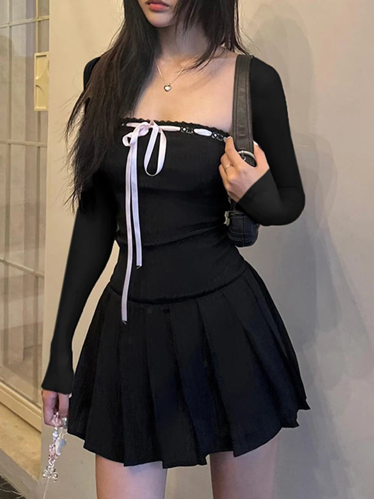 Black Lace Up Square Collar Dresses Balletcore Aesthetic Bodycon Long Sleeve Mini Dress Korean