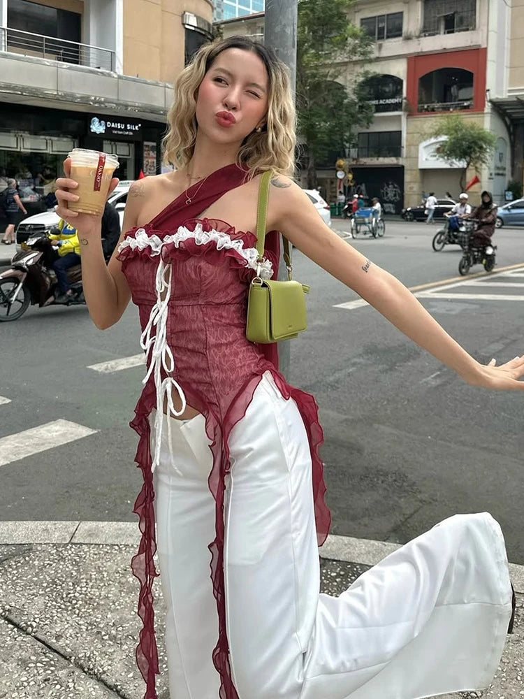 Mesh Scarf Patchwork Lace Ruffled Irregular Hem Long Tassels Frenulum Street Versatile Girly Sweet Top